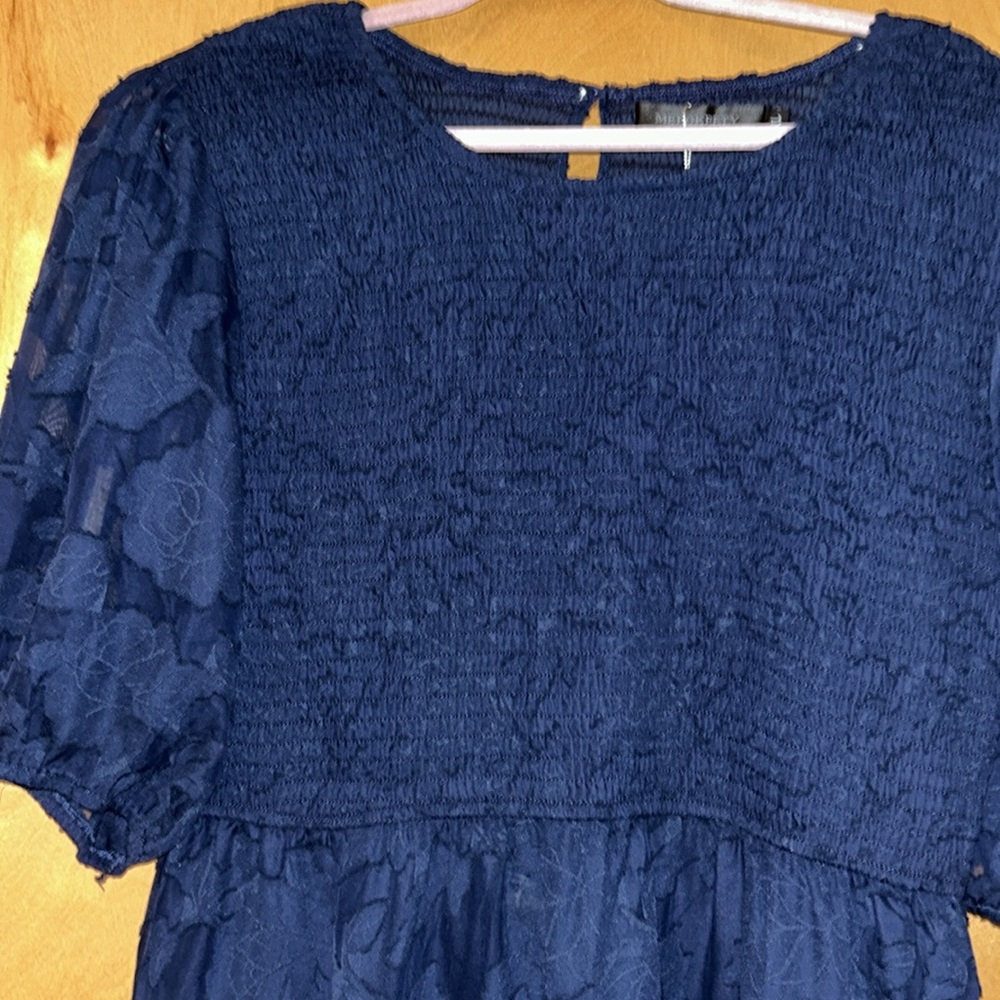 Puff Sleeve Smocked Floral Dress Crewneck Lace Flowy Tiered Midi Dress - Picture 3 of 4